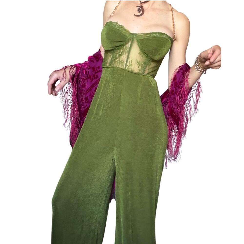 NWT Cider Olive Lace Jumpsuit, Fairycore Wide Leg Romper, Woodland Witch Outfit - Picture 3 of 5